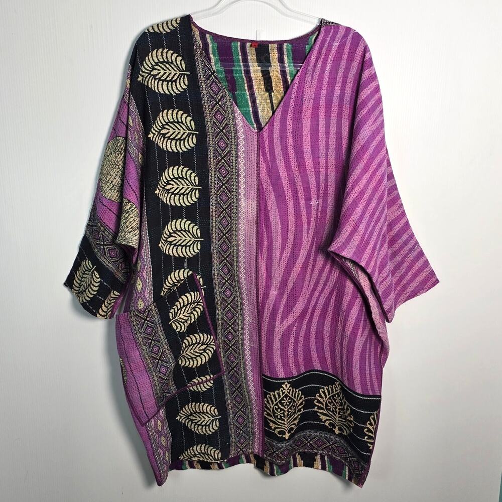 Mieko Mintz Kantha Kimono Dress Long Tunic Multi Color Reversible Lagenlook OS - Picture 2 of 9